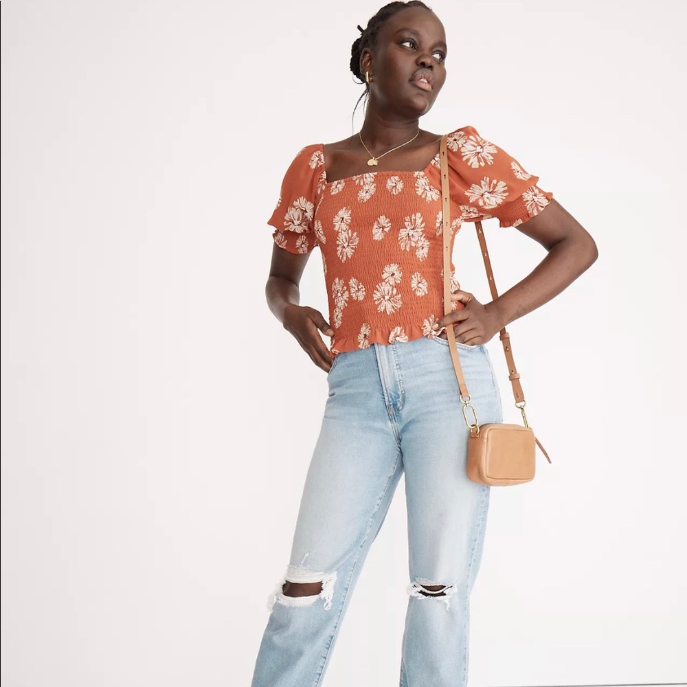 Madewell Georgette Lucie Puff-Sleeve Smocked Bodice Top in Moody Blooms